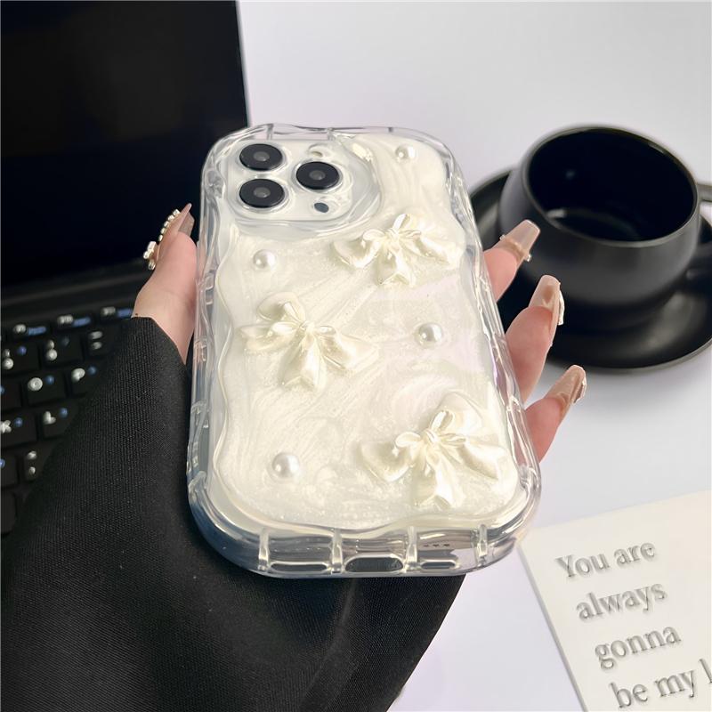 Urocze etui 3D z perłową kokardką i falami na telefon iPhone 17 Air 16 15 14 13 12 11 Pro Max Plus Miękki amortyzujący zderzak Osłona ochronna