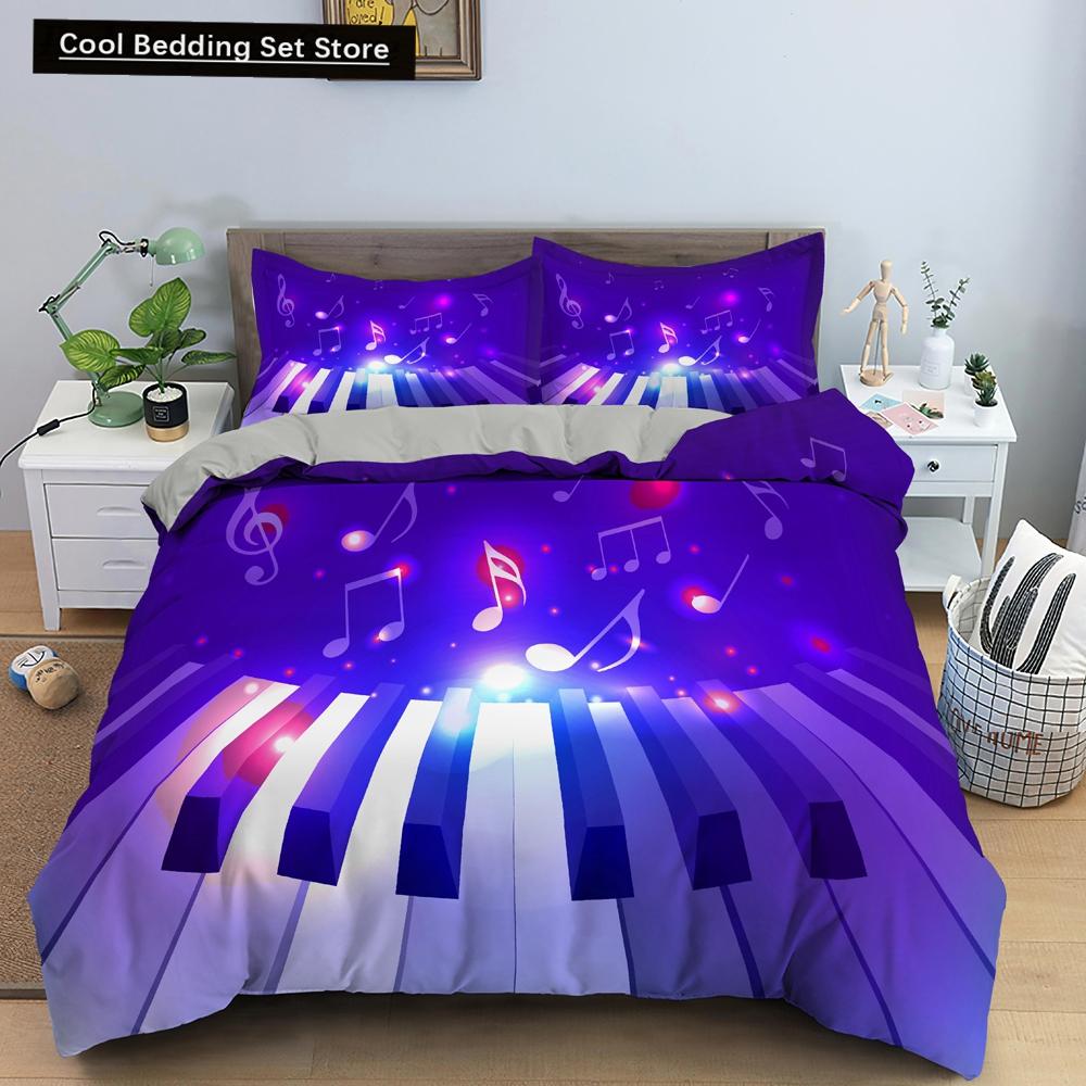 Piano Music King Queen Duvet Cover Musical Notes Bedding Set For Kids Teens Girls Black And White Piano Keys 2/3Pcs Quilt Cover