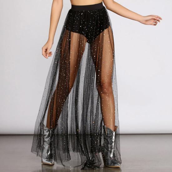 

Sexy Perspective Skirt Elastic High Waist Pleated Lace Mesh Yarn Skirt Shiny Rhinestones Decor Maxi Skirt Nightclub Daily Wear 2XL білий