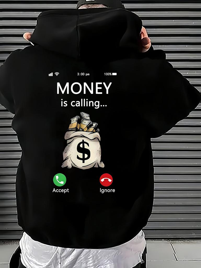 Men's Autumn/Winter Money Bag Letter Print -Lined Hooded Sweatshirt, Versatile Sporty Casual Loose
