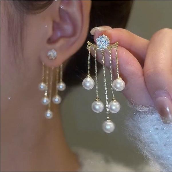 Korean ins cold wind niche design stud earrings, long tassel fashion earrings, diamond-encrusted mango star tassel earrings