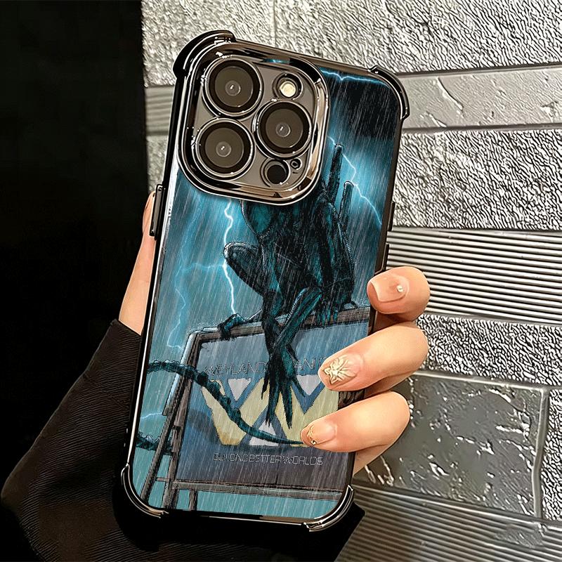 Cool A-Alien X-Xenomorph Plating Phone Case For Iphone 16 17 Pro Max Air 16E 14 15 Plus 12 13 Mini Anti-Fall Airabag Cover