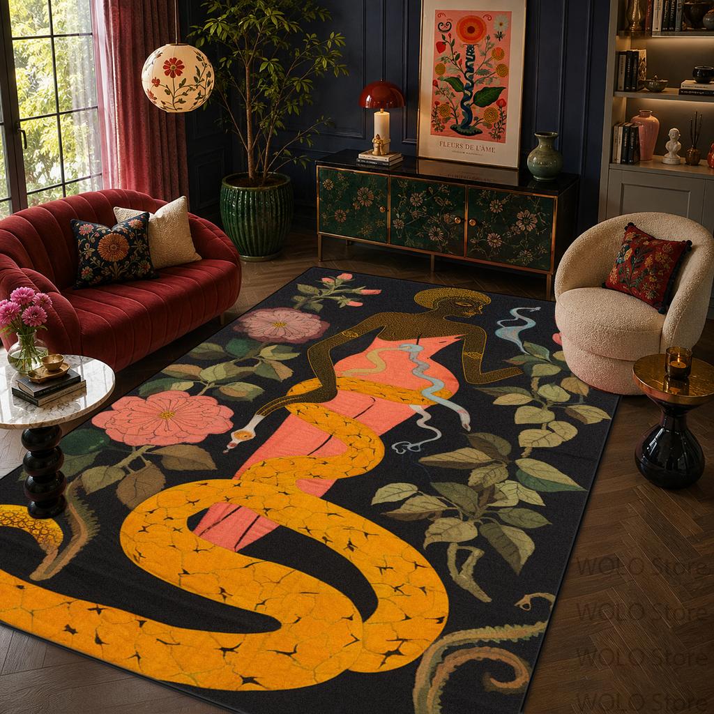 Bohemian Retro Floral Snake Print Living Room Carpet Machine Washable Easy Clean Lounge Rug Fluffy Soft Bedroom Decoration Mat