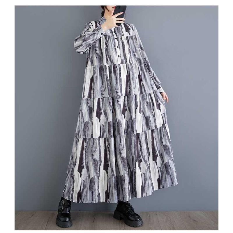 New Large Size Loose Thin Fashion Long-sleeved Printed Dresses