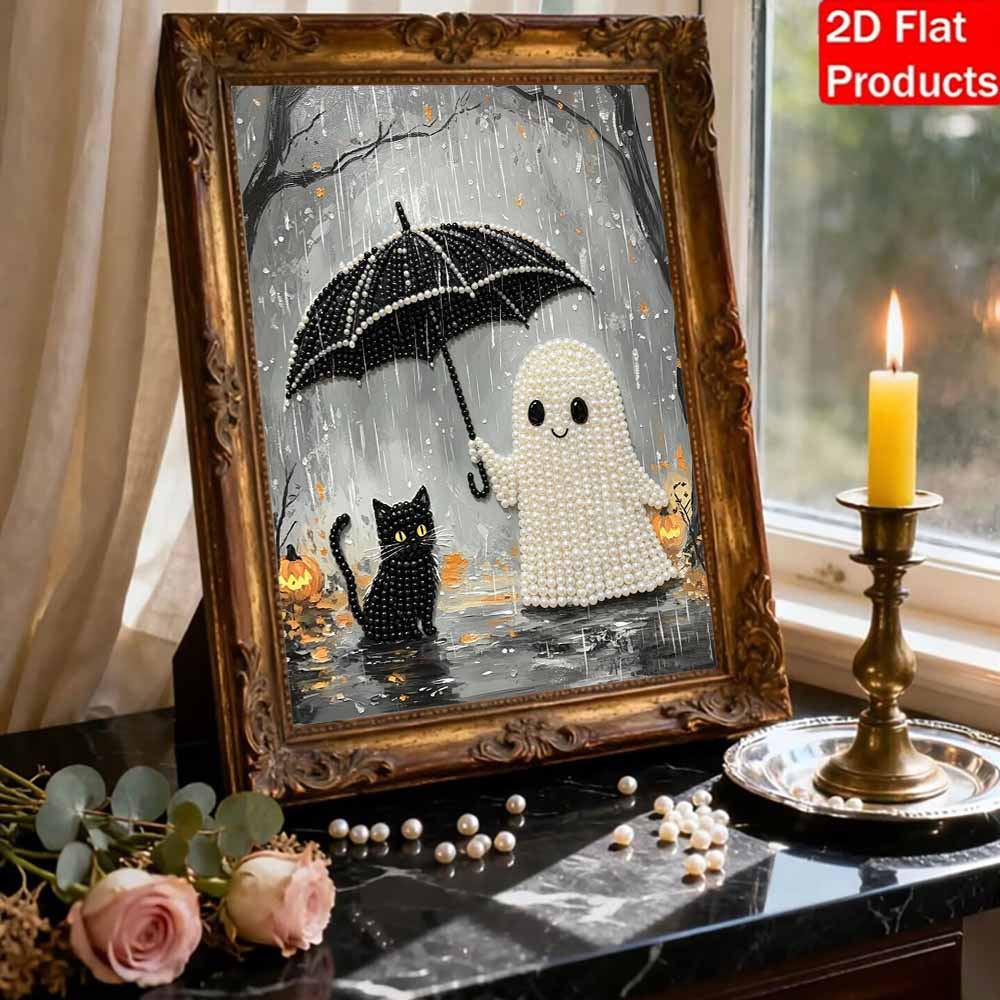 DIY Frameless Pearl Painting Kit Cute Ghost And Black Cat Umbrella Pattern 3D Shiny Bead Art Canvas Relaxing Creative Craft Gift