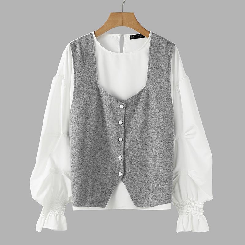 

ZANZEA Женская повседневная блузка с круглым вырезом и длинными рукавами в стиле пэчворк 2XL серый