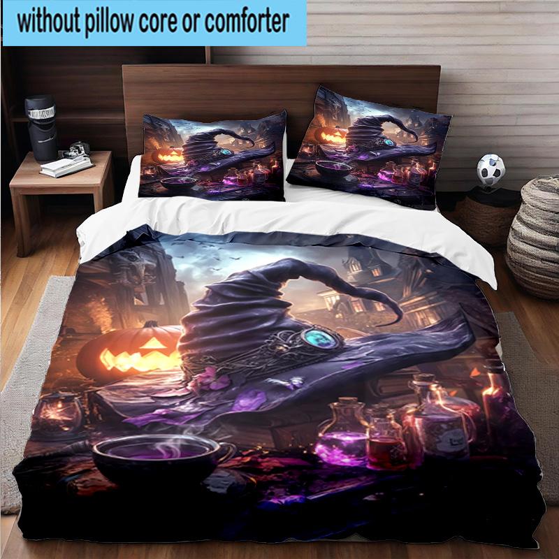 Witch's Hat And Crescent Moon 3pcs Bedding,Including 1pc Duvet Cover And 2pcs Pillowcases Perfect for Christmas,Ideal for Bedroom, Dormitory