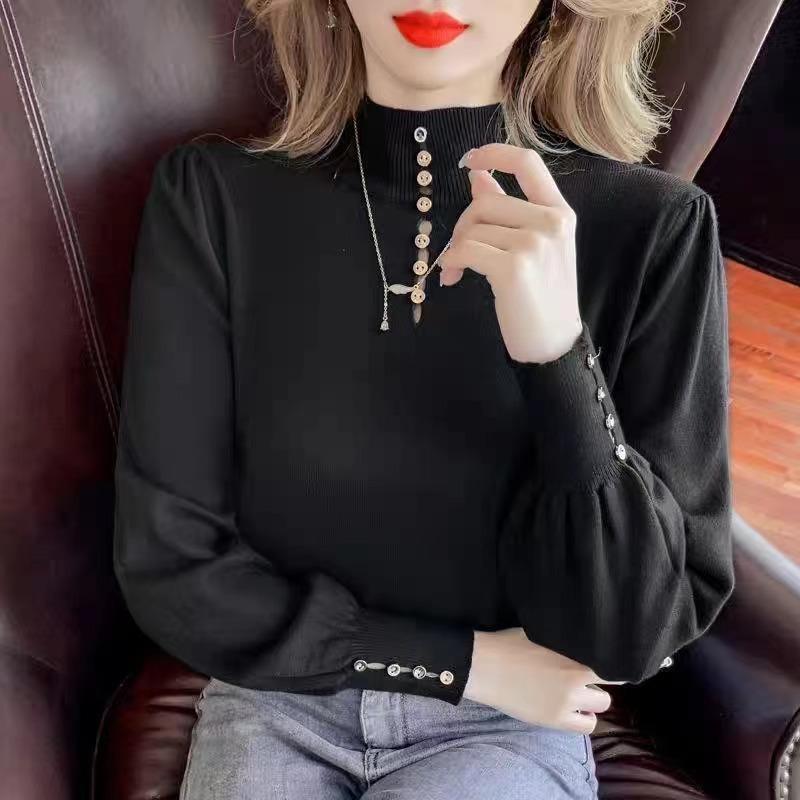 

Осень и зима новый трикотажный свитер с полувысоким воротником женский свободный верхний свитер женский базовый трикотажный свитер длинные рукава One Size чёрный