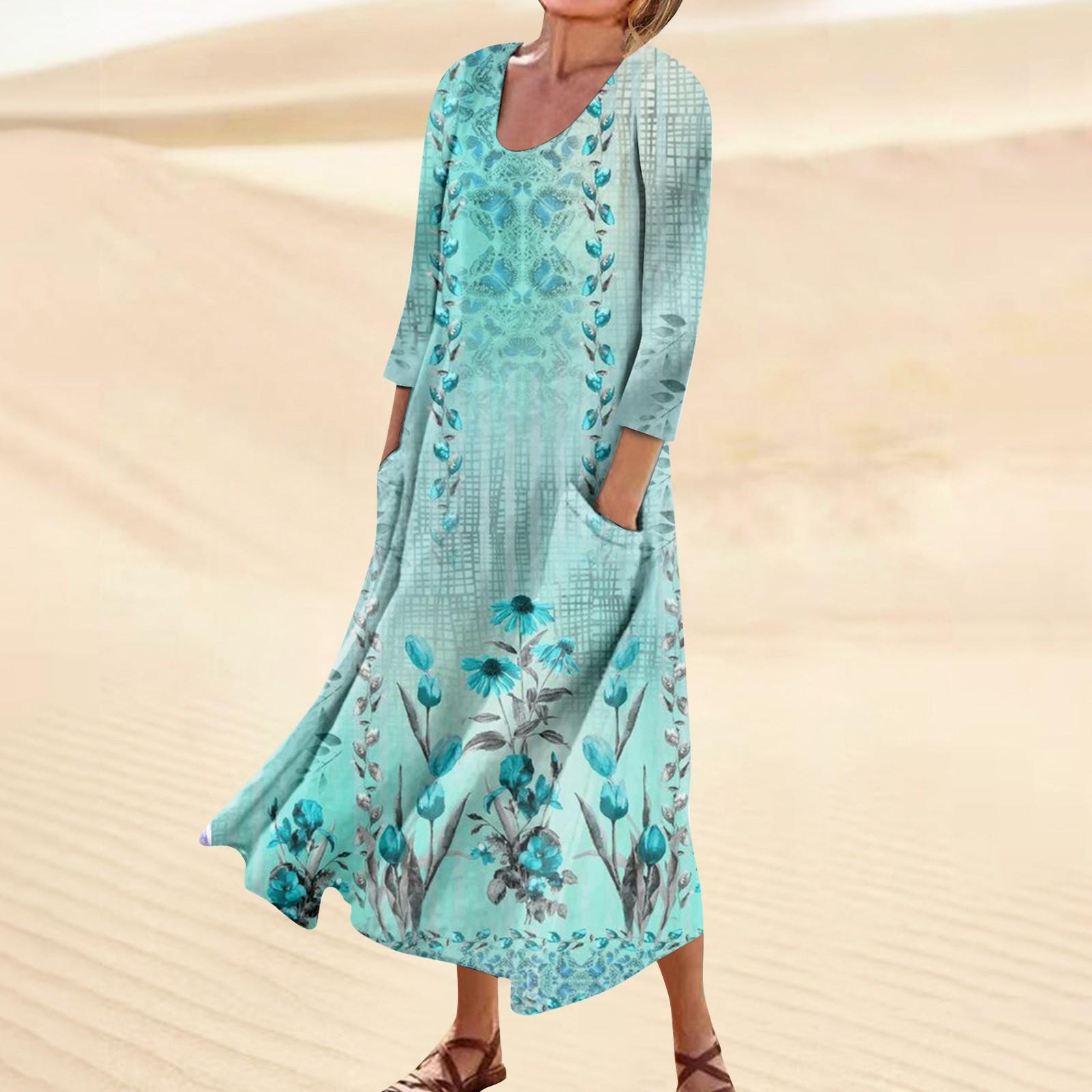 

Dress For Women Spring Boho Casual Fashion 3/4 Sleeve Dress For Holiday Large Size XXXXL циан