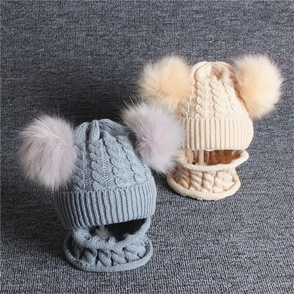 Children Beanie Pompom Neck Knitted Warm Hat Winter Scarf Set