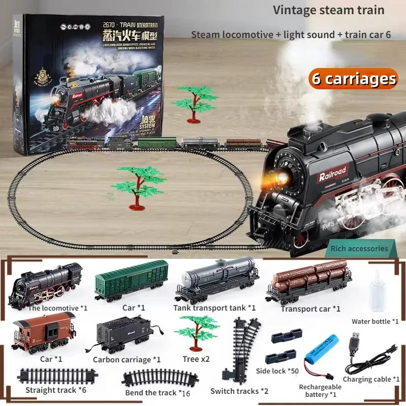 Retro Steam Train Set with Smoke Effect, Lights & Sounds, USB Rechargeable Christmas Train Railway Kits for Kids Holiday Gifts