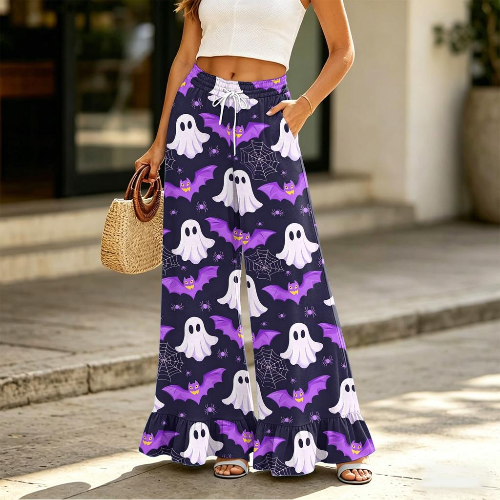 Women's Wide Leg Pants with Pockets High Waist Drawstring Floral Print Loose Casual Long Trousers Ruffled Hem