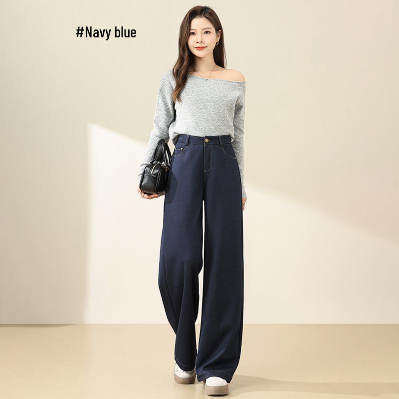

2025 Velvet Cashmere Silk High Waist Wide Leg Denim Pants for Women - Autumn/Winter Warm, Soft, Thickened, and Loose Fit XL (65-72 kg) джинсовый синий