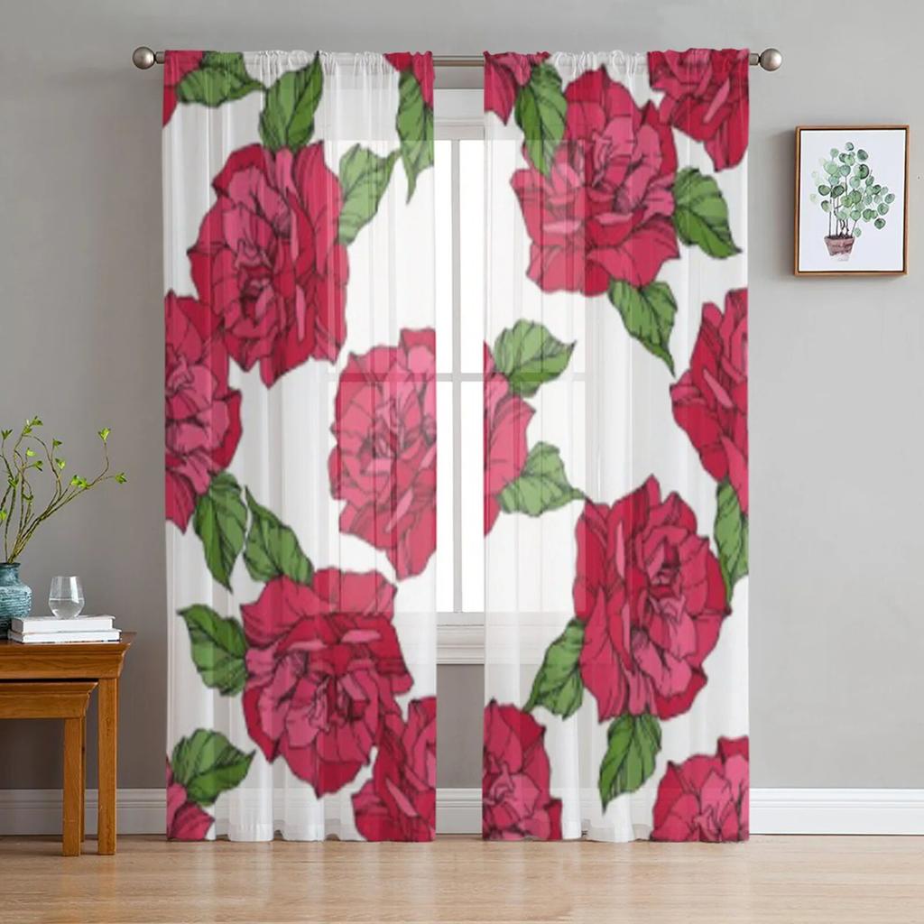 Spring Leaf And Flowers Sheer Curtains For Living Room Modern Fashion Valance Curtains For Kitchen Tulle Curtains
