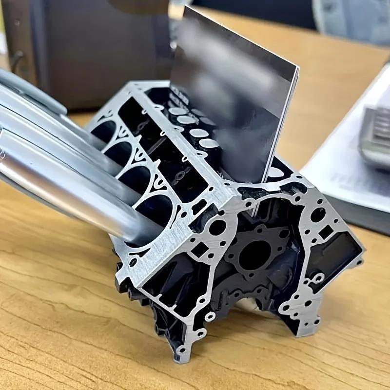Engine Block Desk Organizer - Black Resin Business Card & Pen Holder, Perfect Gift for Car Enthusiasts and Mechanics decor
