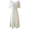 Coffee break French square collar floral pure dress women's summer new high-end temperament waist beautiful long dress