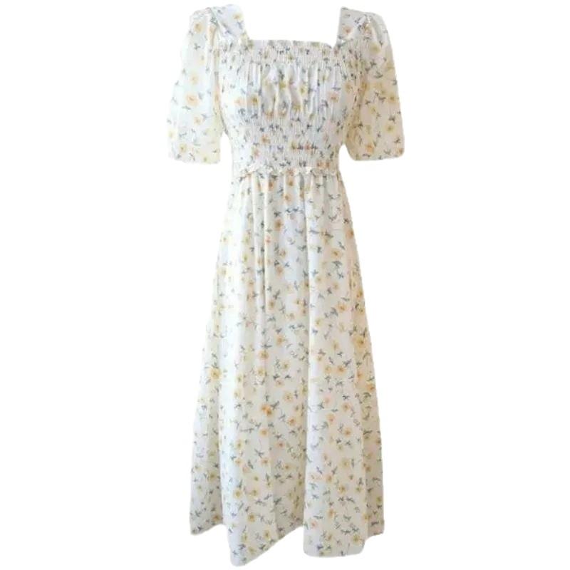 Coffee break French square collar floral pure dress women's summer new high-end temperament waist beautiful long dress