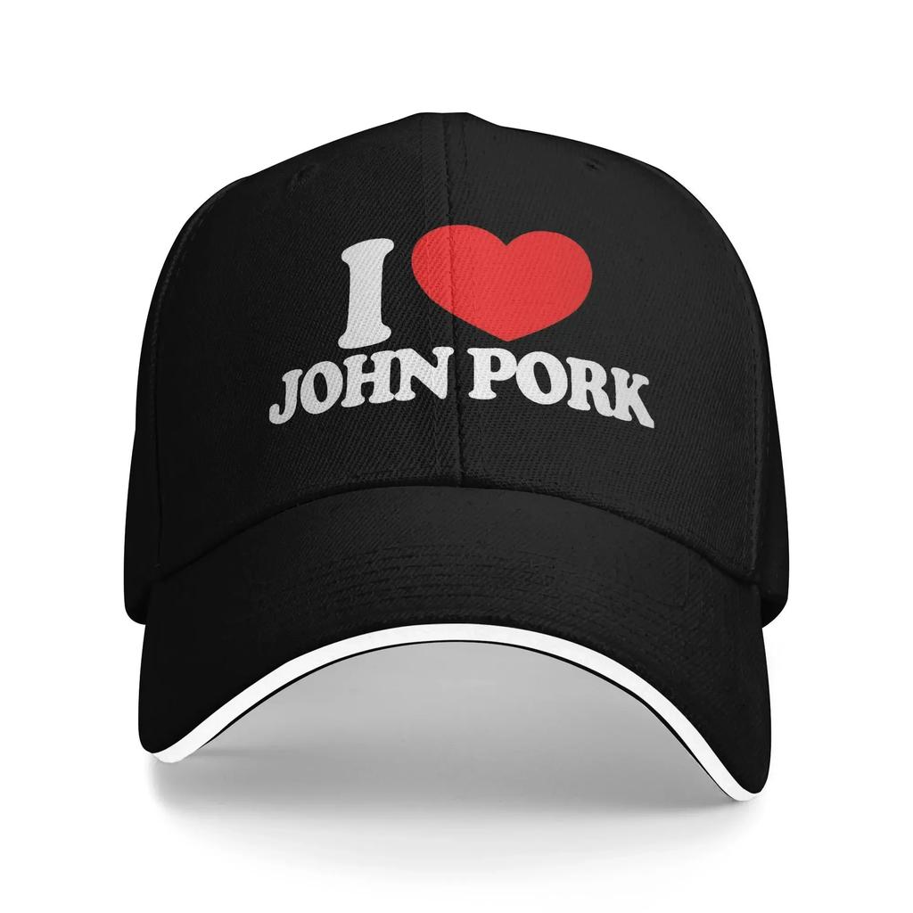 I Love John Pork Red Heart Baseball Cap White Letter Print Running Hippie Trucker Hat Unisex-Teens Streetwear Baseball Caps