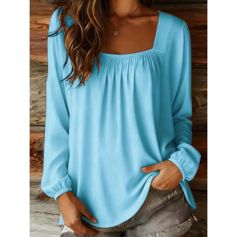 New Women's Solid Color U-neck Pullover Long-sleeved Square Collar Loose Simple Top
