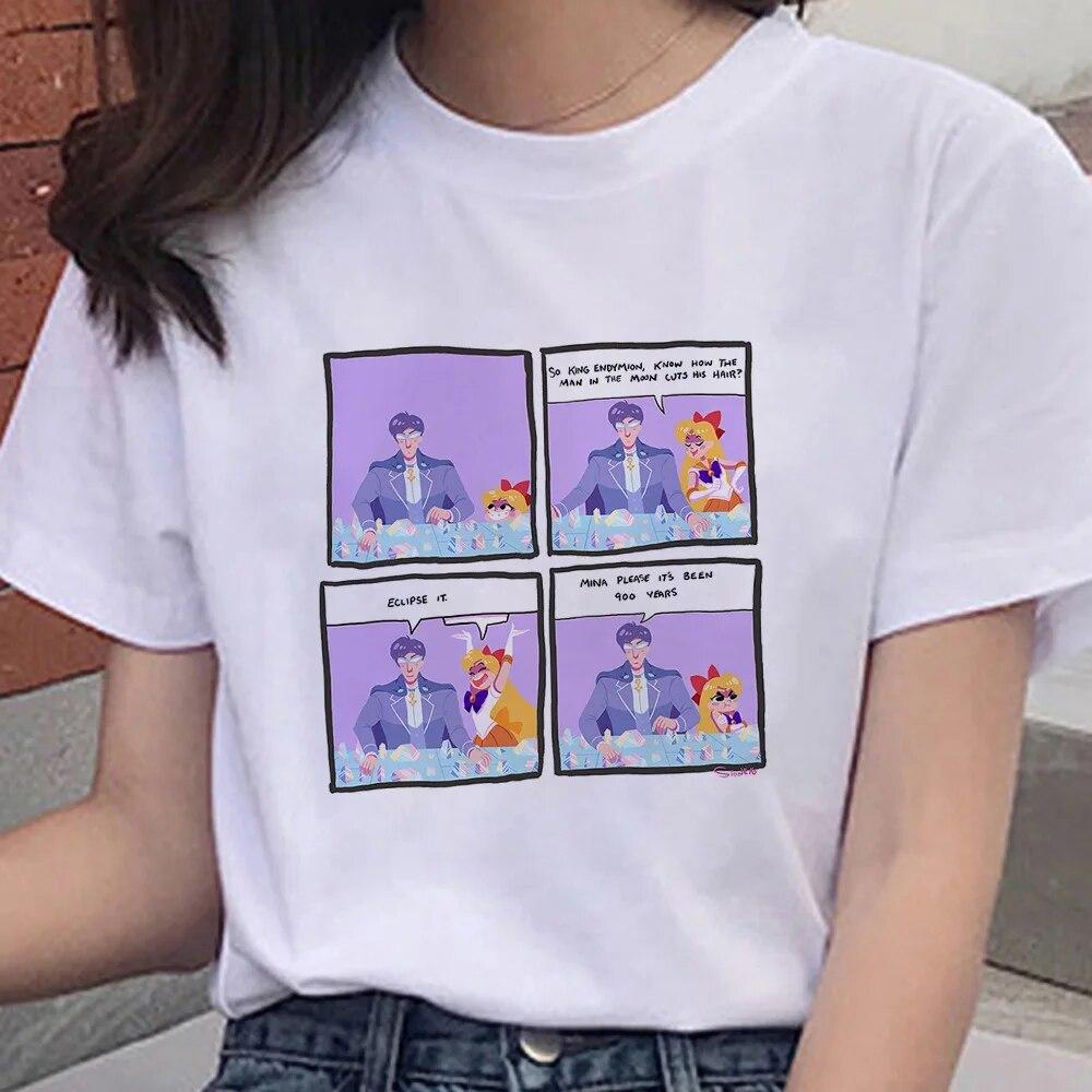 Cartoon Anime Sailor Graphic Moon Print 100 % Baumwolle T-Shirt Mode Goth Girl Kleidung Kurzarm Übergroßes Unisex Frauen T-Shirt Unisex
