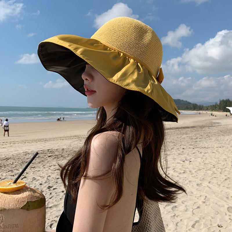 

RICYGVM Summer Women Sun Hat Anti-UV Vinyl Sunshade Bonnet Hand Woven Straw Hats Large Brim Female Fisherman Cap Girls Visors One Size жовтий