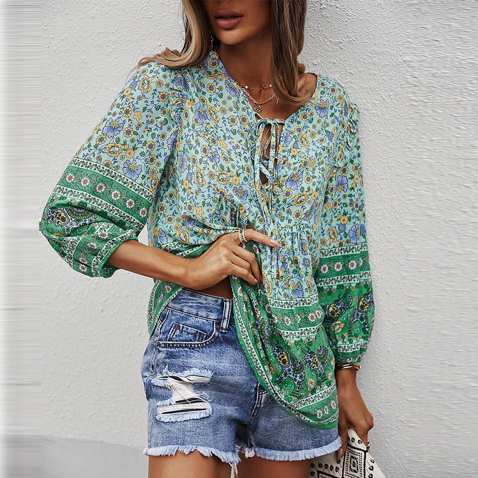 

Женские топы Boh с длинным рукавом, блузка с рукавом-трубой и V-образным вырезом, футболка XL зелёный