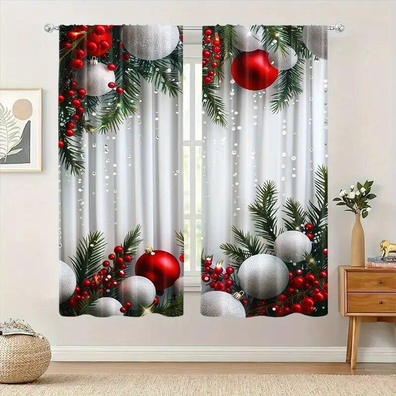 Set Of 2 Christmas Curtains Polyester Printed Tree Home Decoration Room Made