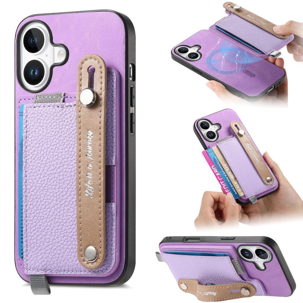 For iPhone 16 Plus Magnetic Leather Back Case with Detachable Card Holder and Wristband