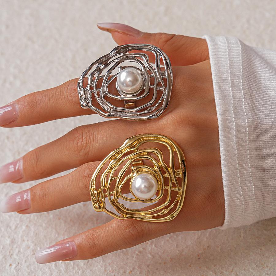 Imitation Pearl Irregular Hollow Round Open Ring Personalized Jewelry