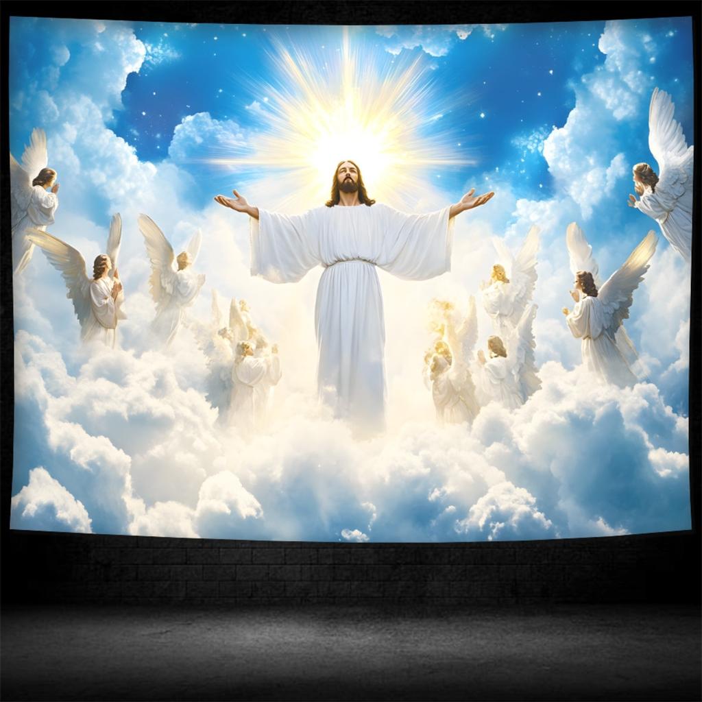 Tapiz de Jesucristo Colgante de Pared Ángel Religioso Nubes Arte de Pared Tapiz Para Sala de Estar Dormitorio Decoración del Hogar Póster de Tela