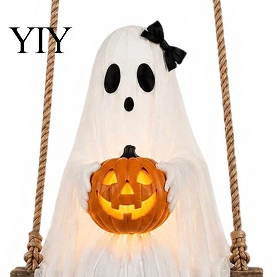 Decorative Props for Festivals Halloween Lighted Ghost Swing with Glowing Pumpkin, Hanging Spooky Decor Gathering Decorations Porch Yard, LED Floating
