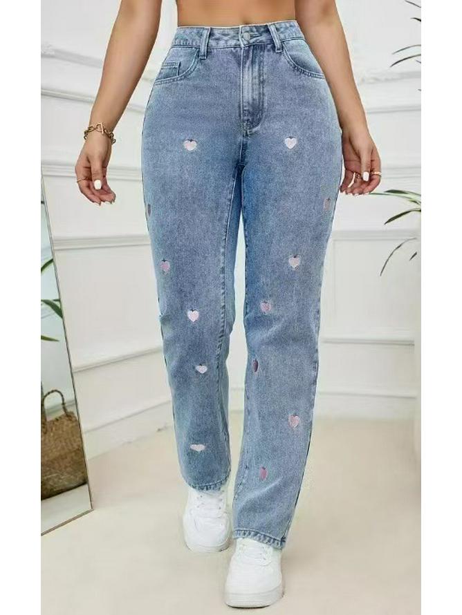 Heart Embroidery Women s Loose Fit Elastic Denim Pants S