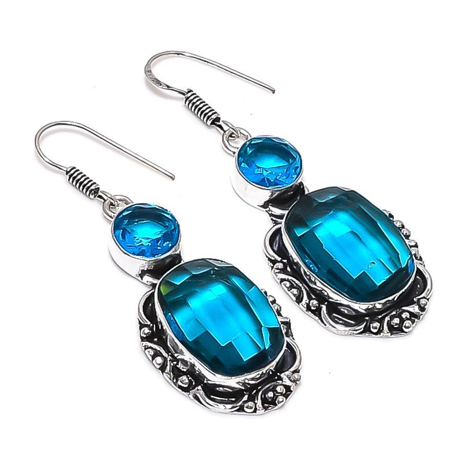 Natural Swiss Blue Topaz Gemstone 925 Sterling Silver Jewelry Earring 2.17" B9v38