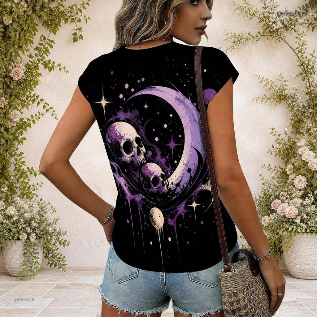 Women Plus Size V Neck Wide Short Sleeve Skull Moon Printed Black T Shirt