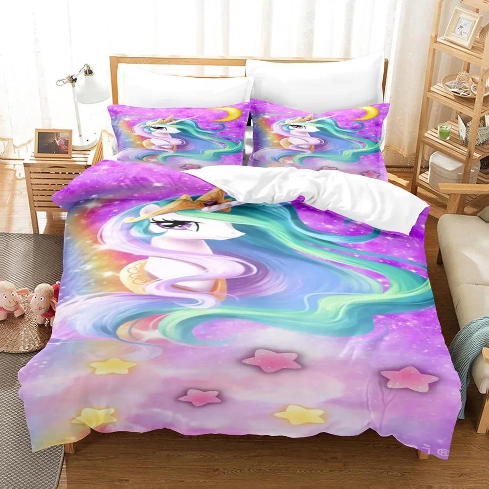 Cartoon Unicorn Duvet Cover Set KingQueen Size Cute Pink Blue Fairy Tale Animals Polyester Bedding Set for Girls Kids