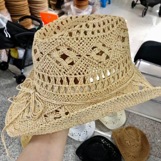 Cappello di Paglia Ventilato Vuoto Rotondo Pieghevole Cappello da Cowboy Occidentale da Spiaggia Oggetti di Scena per Foto