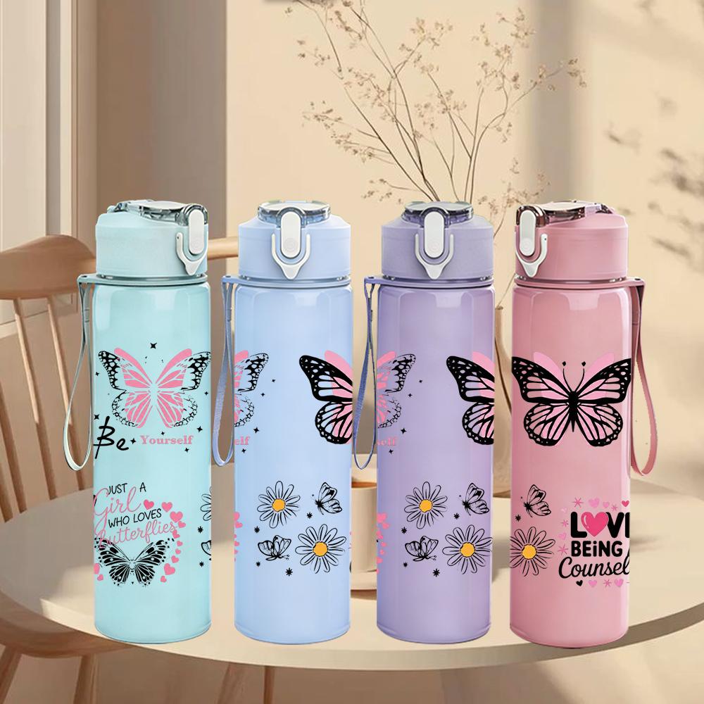 1PC Butterfly Daisy Love Collage 750ml Color Plastic Sports Water Bottle Leakproof Flip Straw Lid Suitable for Sports Office Home Use