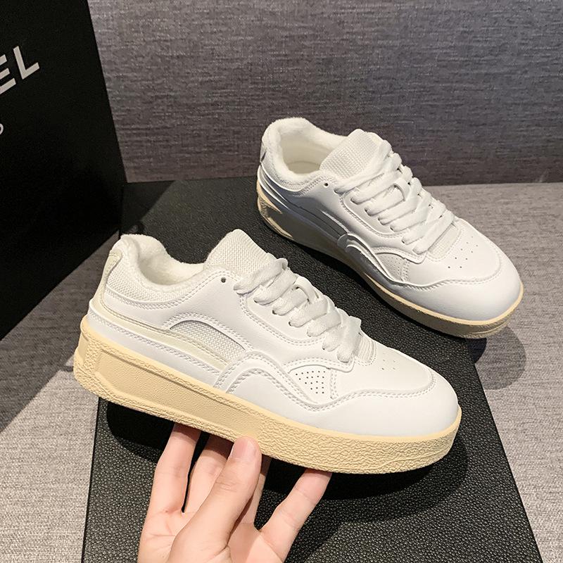 Leather White Shoes Women's Autumn and Winter New Lightweight Platform plus Velvet Warm All-Matching Casual Sports Skate Shoes