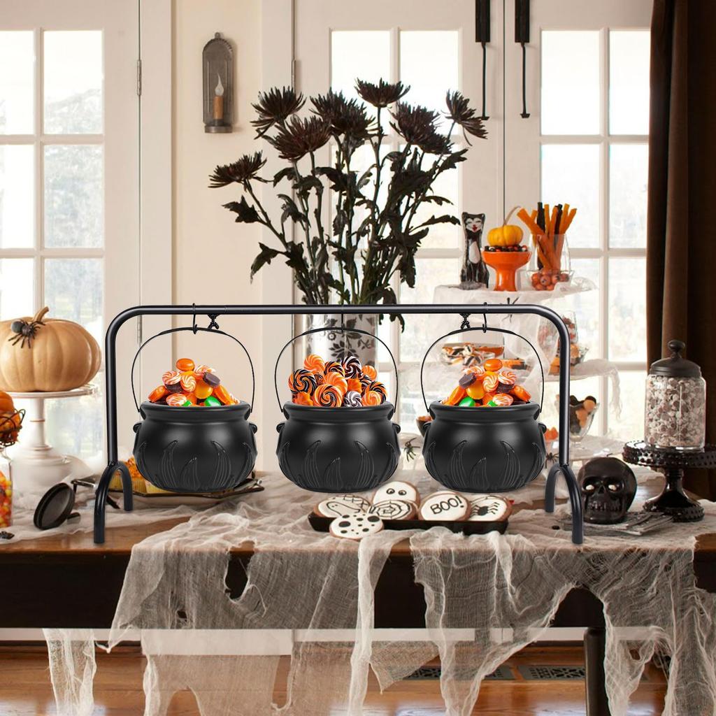 Halloween Decor 3 Sets Witches Cauldron Serving Bowls On Rack Black Plastic Candy Bucket for Home Kitchen