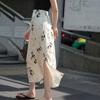 Women's Summer High-Waist Chinese Style Floral Print Midi Skirt - Flowy Drapey Long Skirt with Elegant Aesthetic
