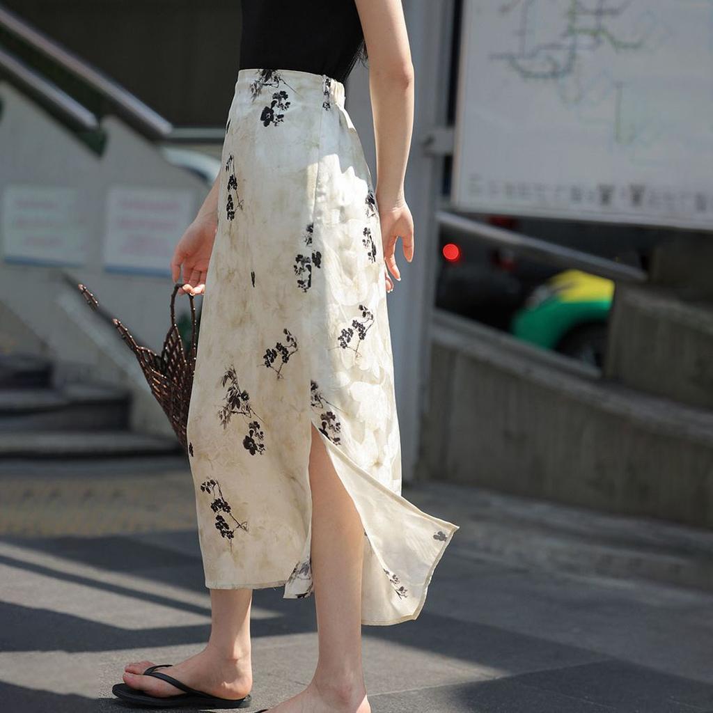 Women's Summer High-Waist Chinese Style Floral Print Midi Skirt - Flowy Drapey Long Skirt with Elegant Aesthetic