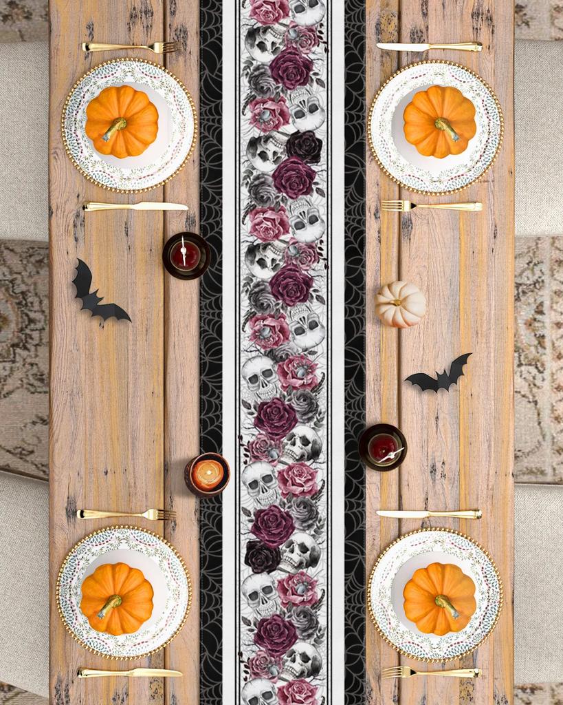 Halloween Skull Rose Crow Linen Table Runners Holiday Party Decor Reusable Kitchen Dining Table Runner Halloween Decorations