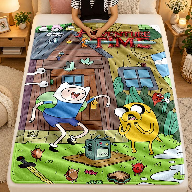 Flannel BlanketAdventure Time Cartoon Warm Soft Throw Blanket for Indoor Sofa Bed Living Room Use