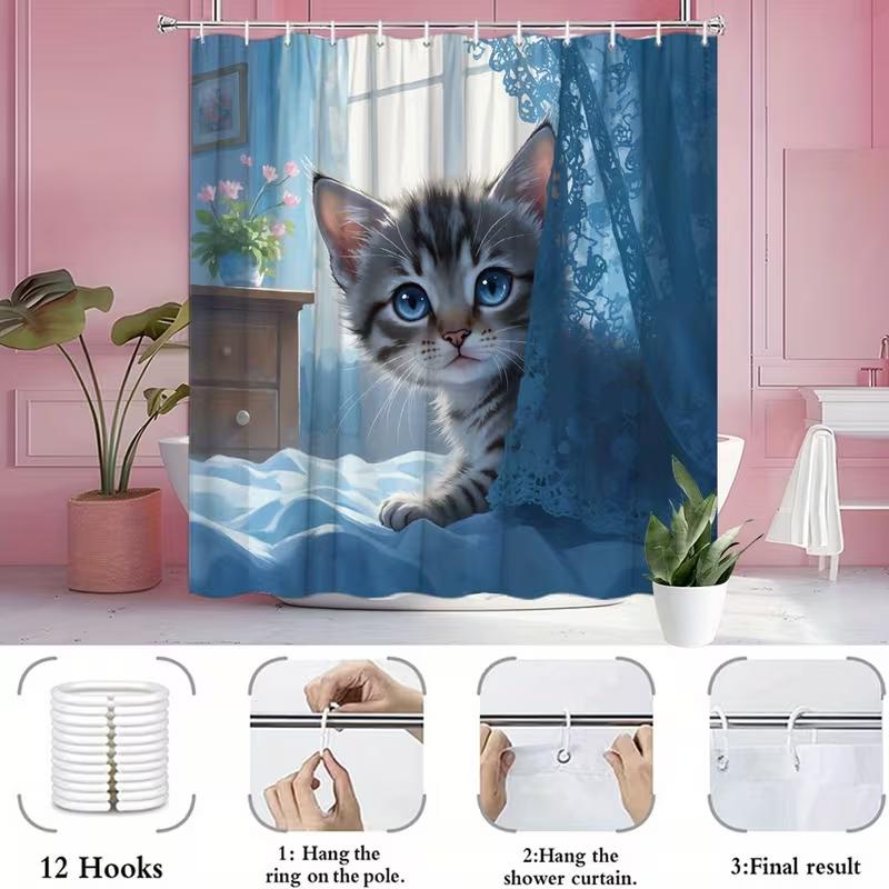 VIKAMA Leopard Pattern Cat Blue Print Shower Curtain, For Covering Bathroom Windows, Protecting Privacy And Waterproof, Bathroom