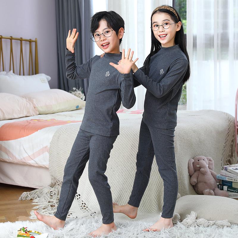 Children's Brushed Collar Underwear Set - Boys and Girls Warm Solid Color Autumn/Winter Pajamas