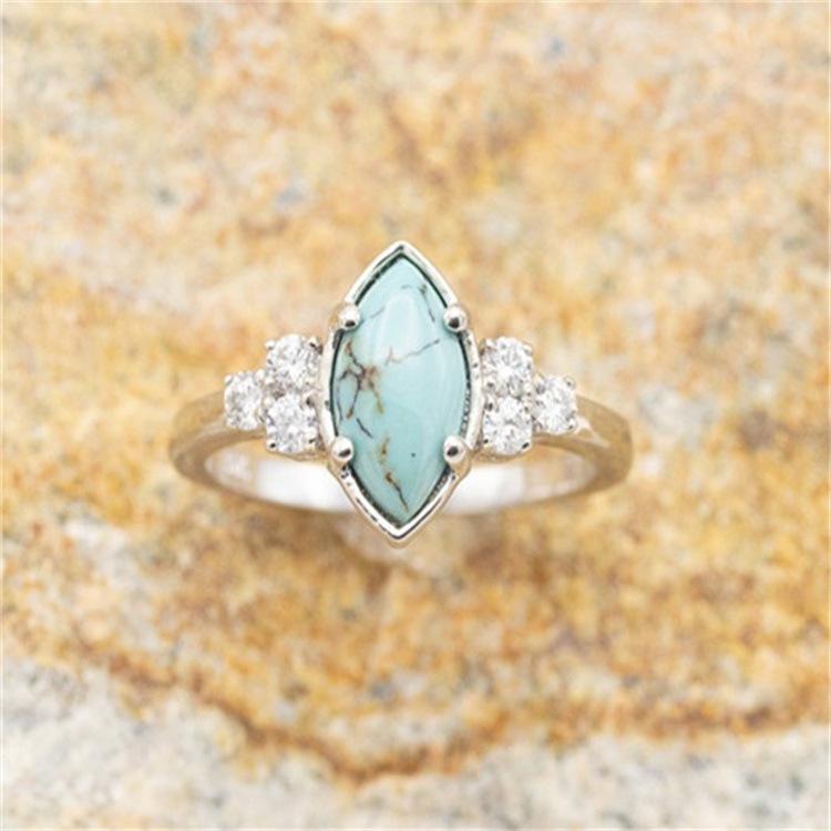 Retro Three-Piece Diamond and Turquoise Stackable Ring Set for Women