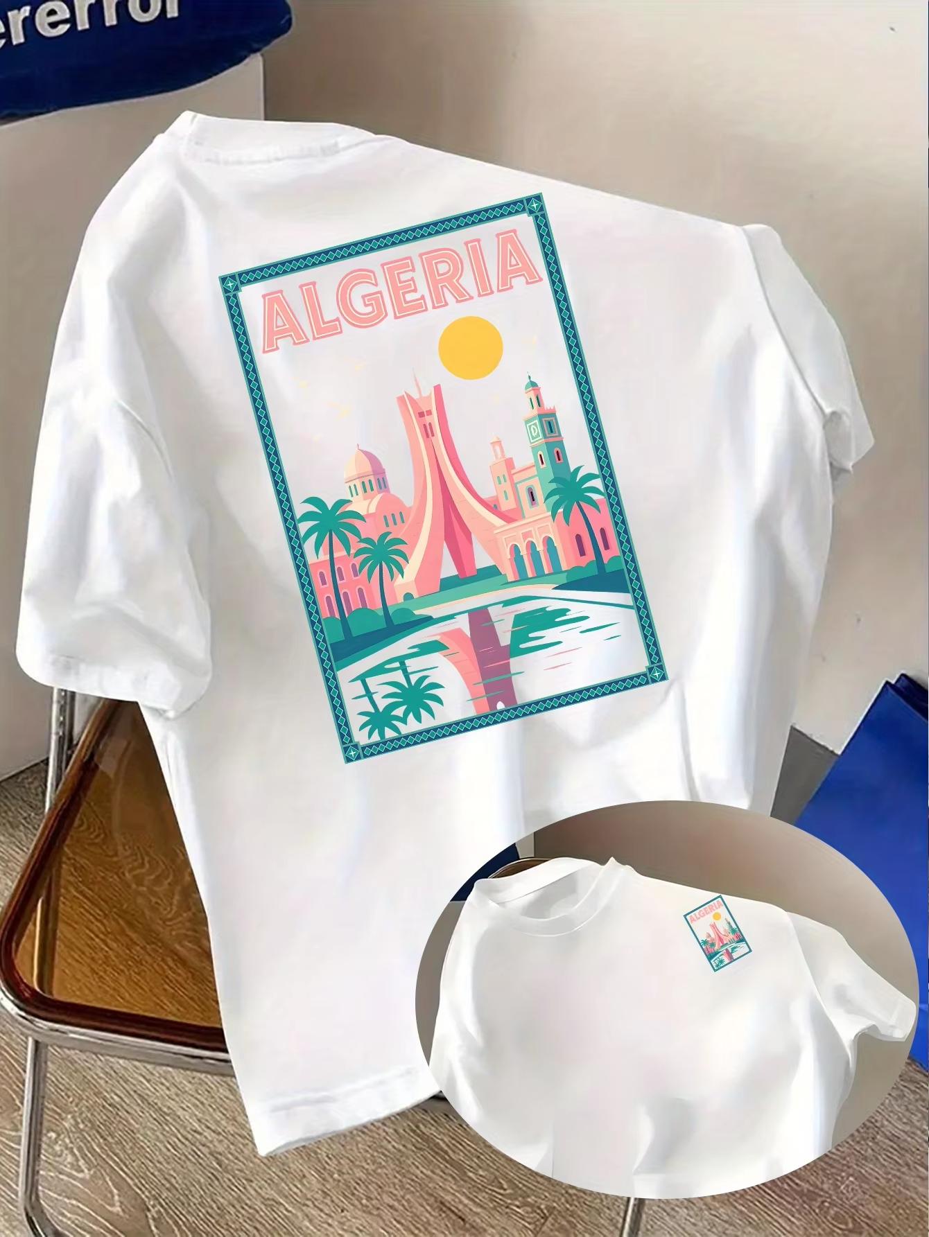 2026 Vibrant Algeria Cityscape Tee With Retro Style Buildings And Palm Tree Print Cotton Unisex Unisex T Shirt Summer Casual Wear XL
