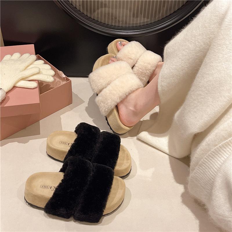 Women Wearing Fluffy Slippers In the Autumn of 2025 New Gentle Retro Casual Cool Slippers Thick Bottom Heightening One-word Drag