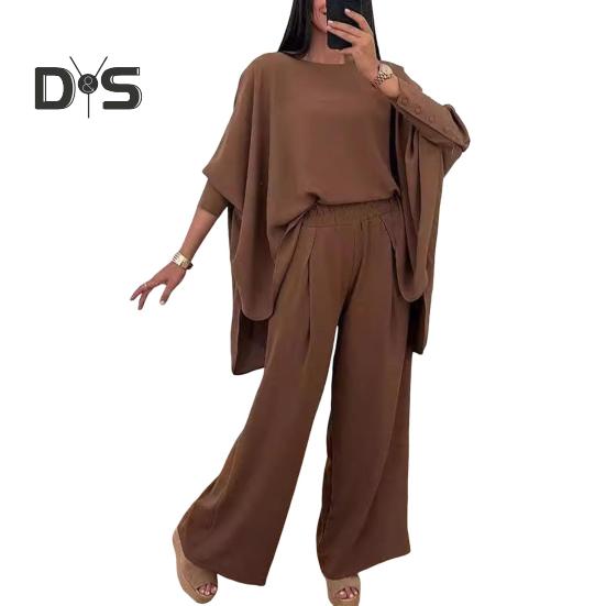 

2 шт./комплект женский топ брюки костюм круглый вырез нерегулярный подол рукава летучая мышь однотонная блузка эластичная талия широкие брюки повседневная одежда для поездок на работу L темно-коричневого