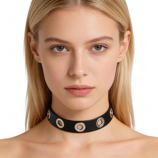 Unisex European Punk Black Leather Choker with Metal Chain and Lock Pendant.